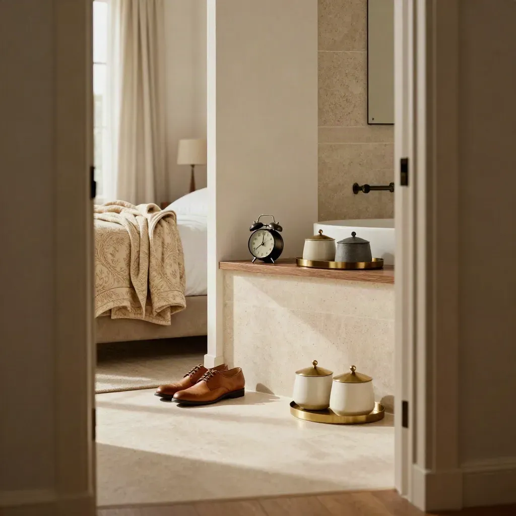 Doorway view of a routine design setup with robe, shoes, clock, and lidded trays.