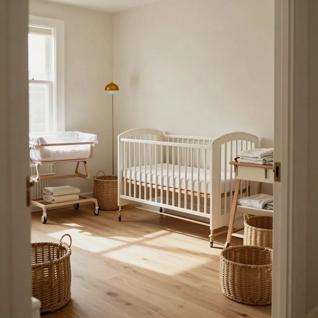 Serene nursery-prep room with crib, bassinet, baskets, and folded muslins in warm lamplight.