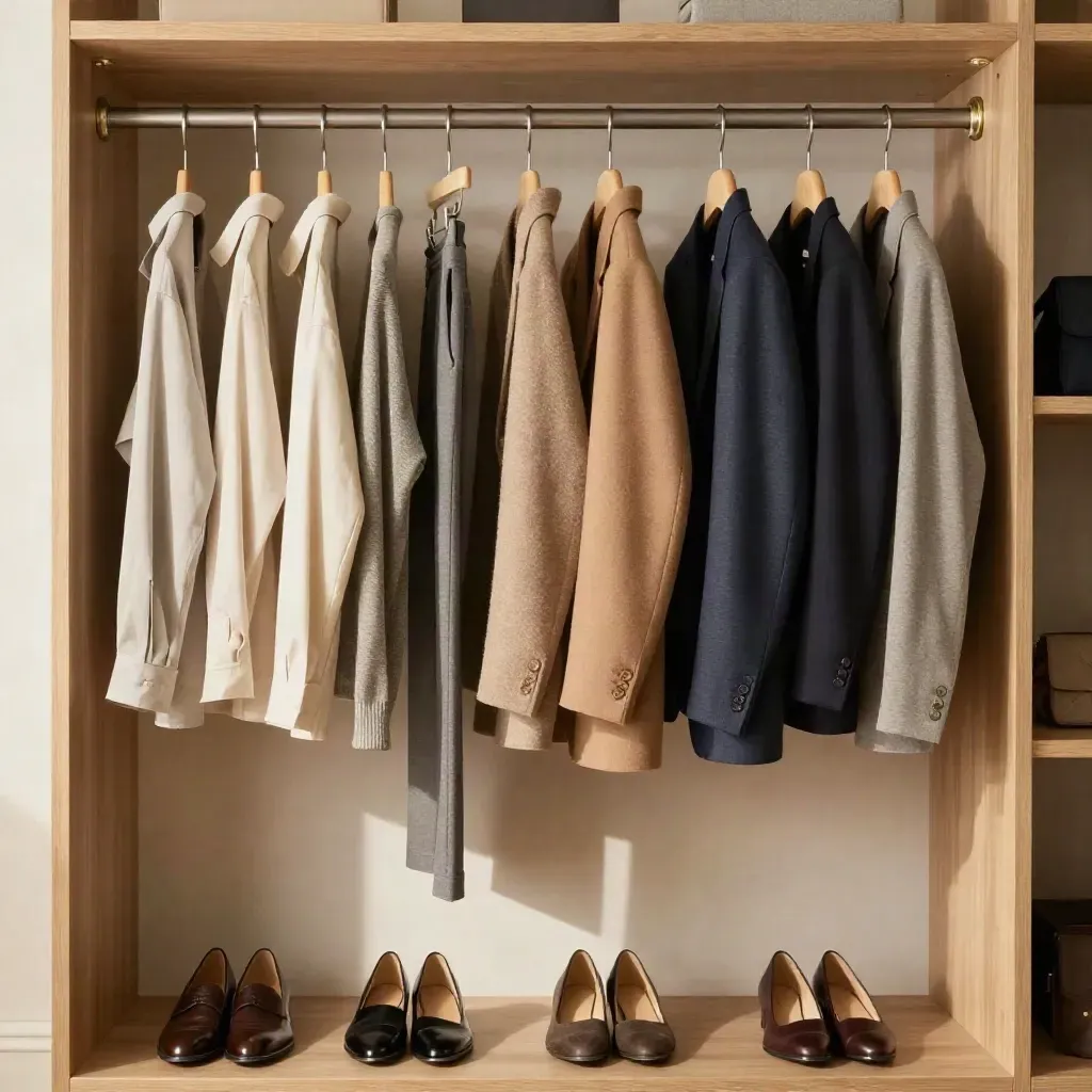 Neutral capsule wardrobe in a bright closet, with hanging clothes and shoes neatly arranged