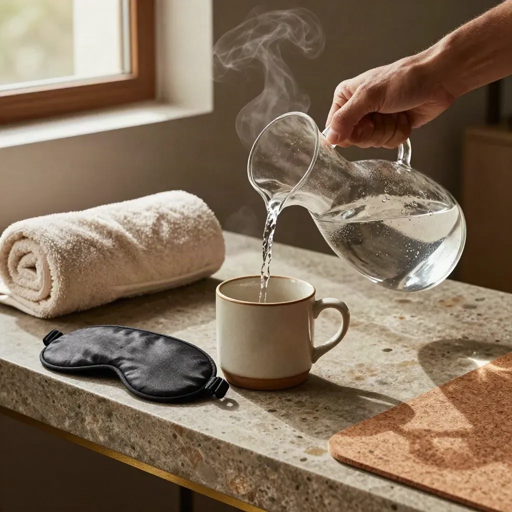 Glass carafe, mug, towel, sleep mask and mat corner on a stone bench in dramatic side light.