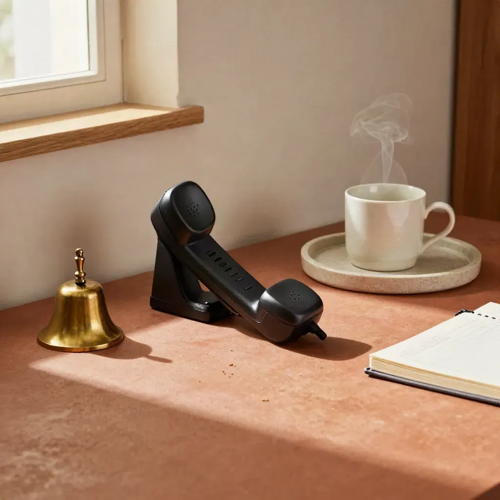 Handset, brass bell, stone tray, mug and notebook in a warm support desk still life.