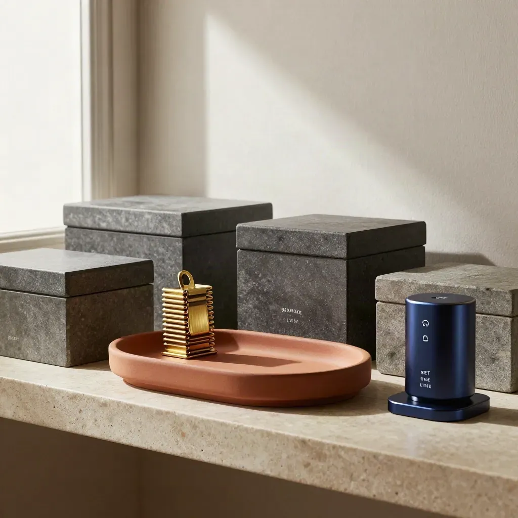 Stone boxes, brass clips, tray and navy charger on a limestone shelf.