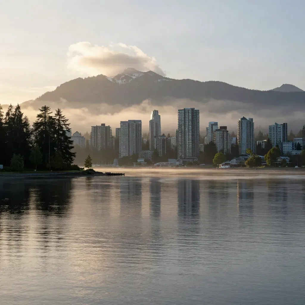 Vancouver skyline and North Shore mountains over a misty harbour at dawn